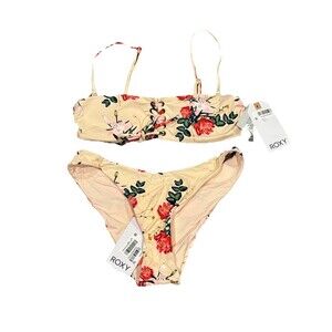 Roxy Beach Classics Garden Lily Bandeau Hi Leg Bikini Set XS Cloud Pink Floral